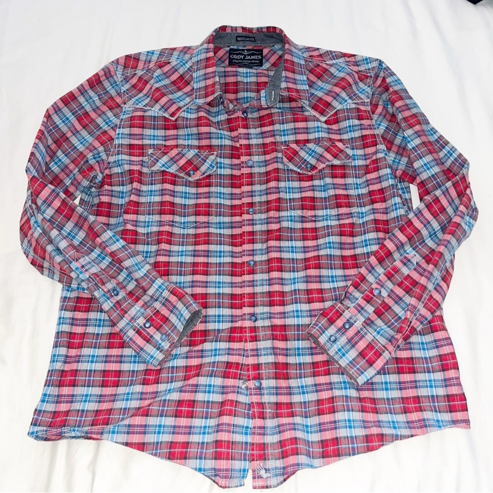 Cody James mens long sleeve red plaid pearl snap shirt Size large western